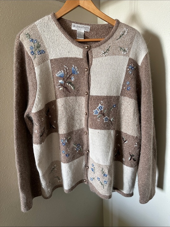 dressbarn Sweaters - Dressbarn Cream and Brown Embroidered Button-Up Sweater Size 1X